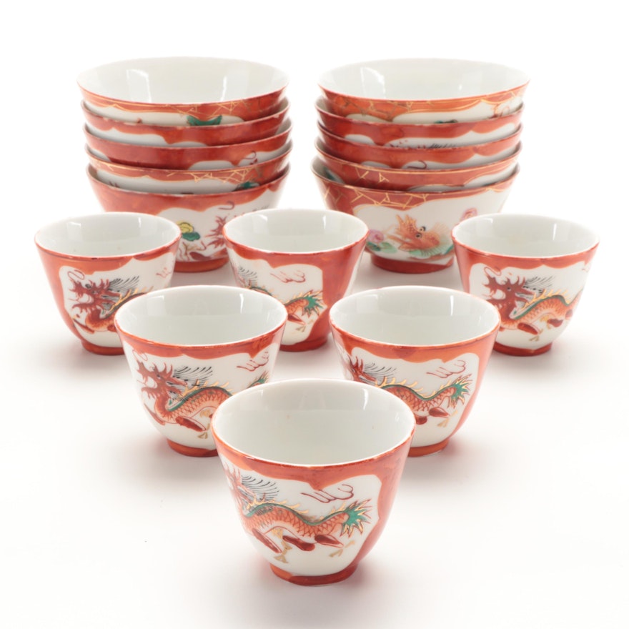 Yagi Japanese Porcelain Red Dragon Rice Bowls and Teacups