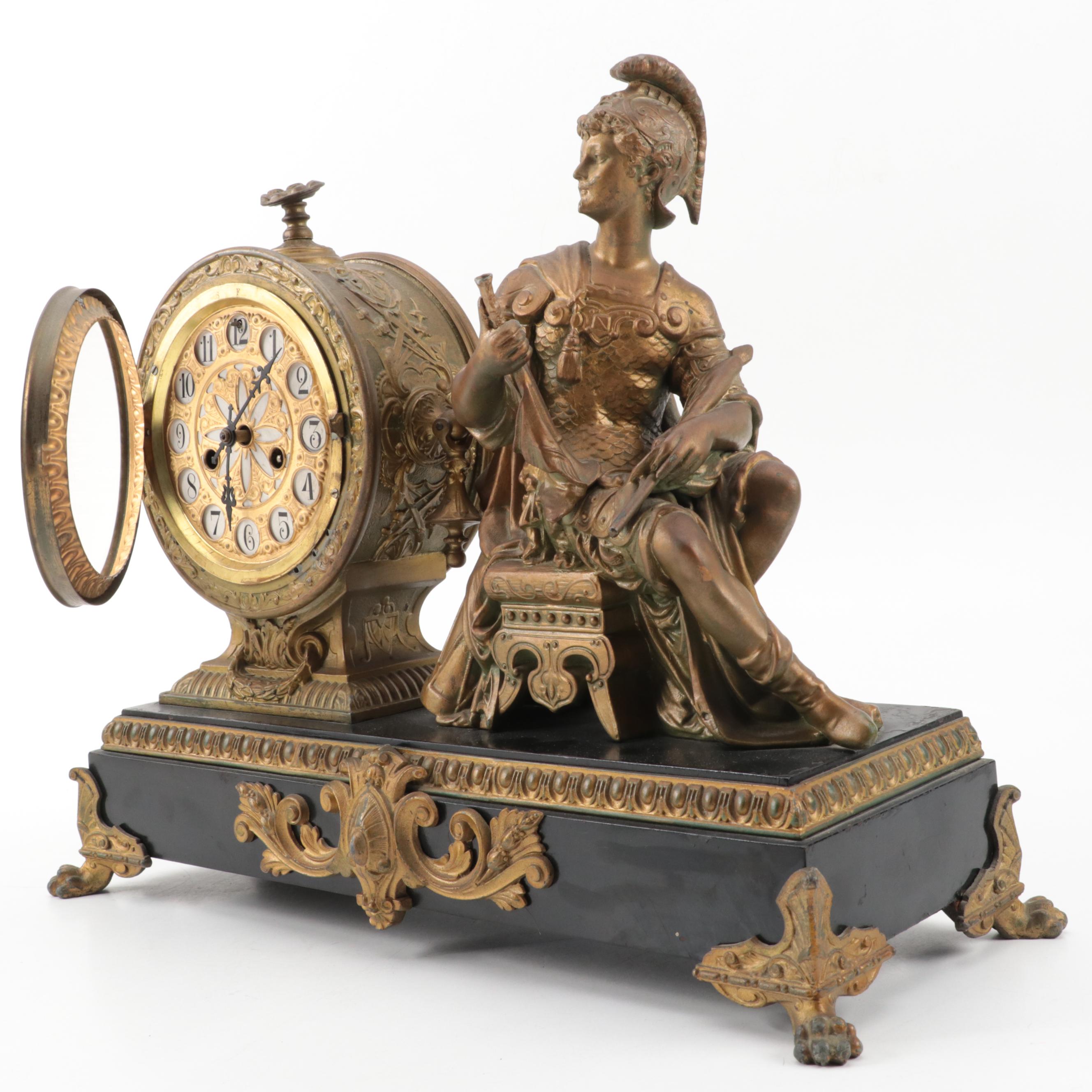 Waterbury Clock Co. Enameled Iron and Gilt Metal Figural Mantel Clock