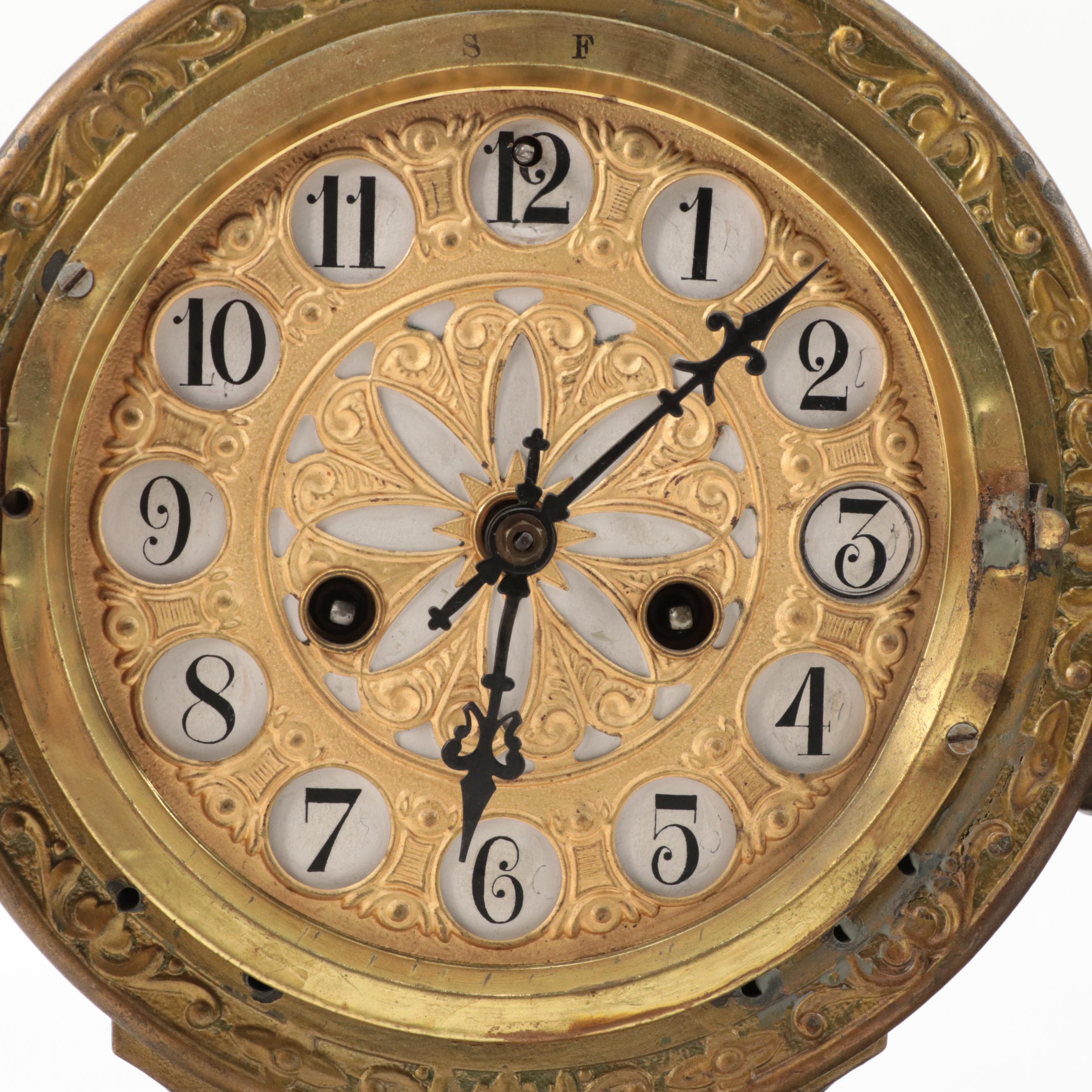 Waterbury Clock Co. Enameled Iron and Gilt Metal Figural Mantel Clock