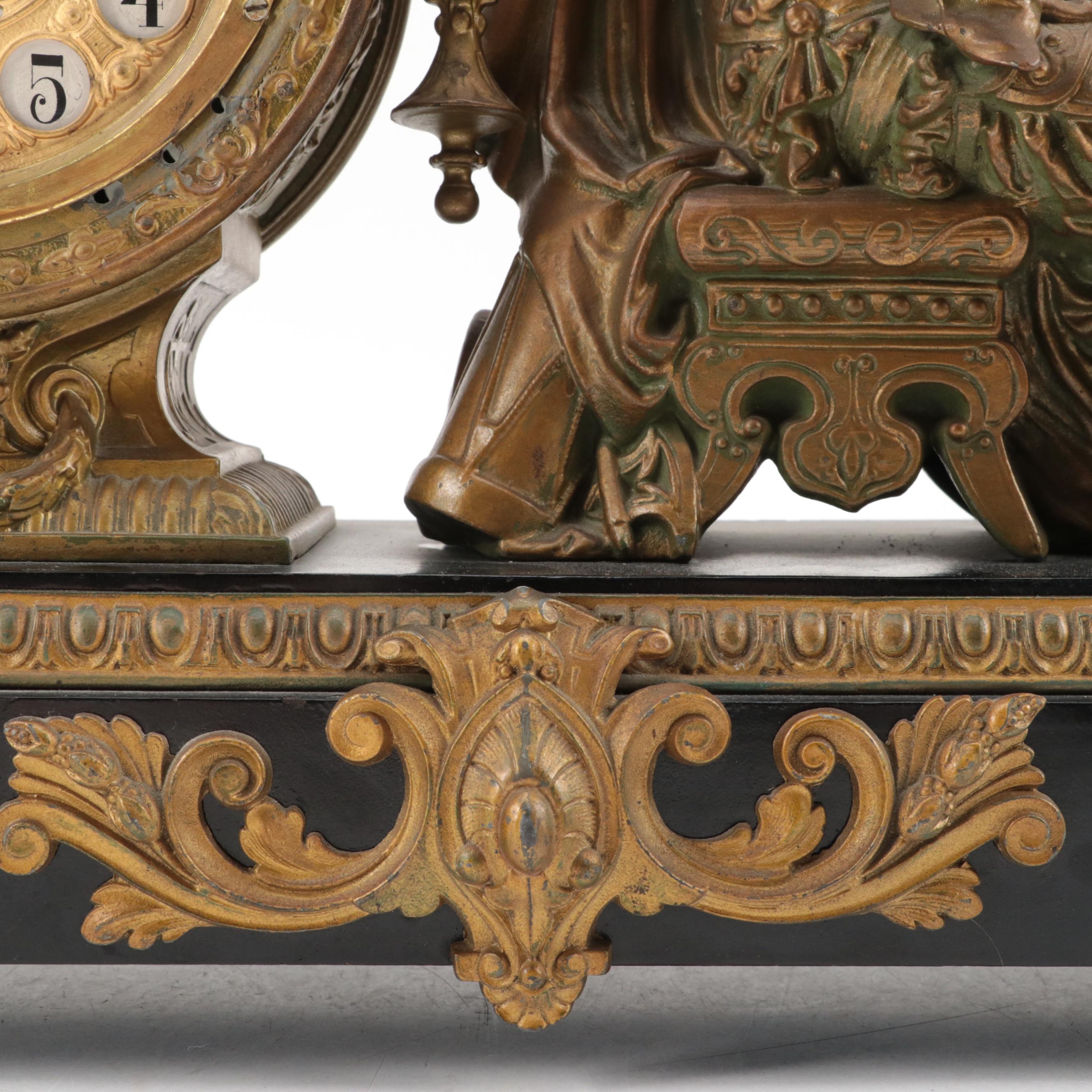 Waterbury Clock Co. Enameled Iron and Gilt Metal Figural Mantel Clock