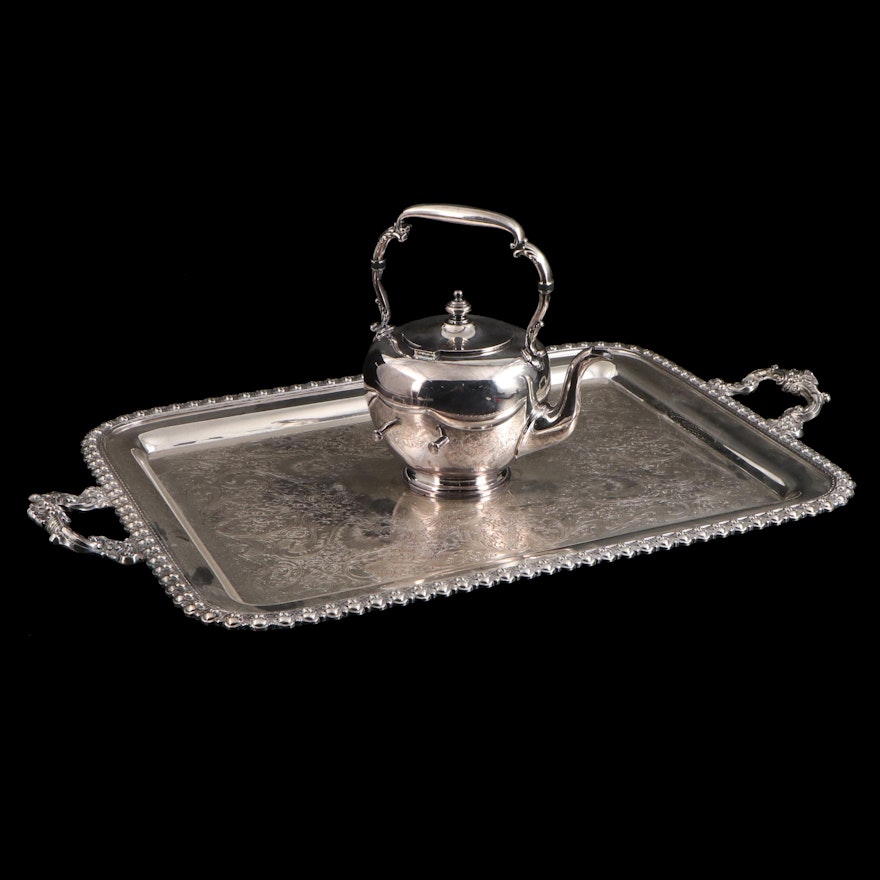 Reed & Barton Silver Plate Tilting Kettle and International Silver Plate Tray