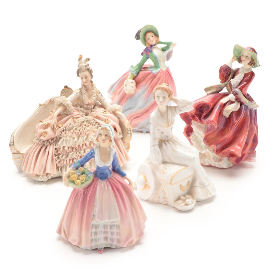 Franz Witter Dresden Lace Porcelain Lady and Royal Doulton Bone China Figurines