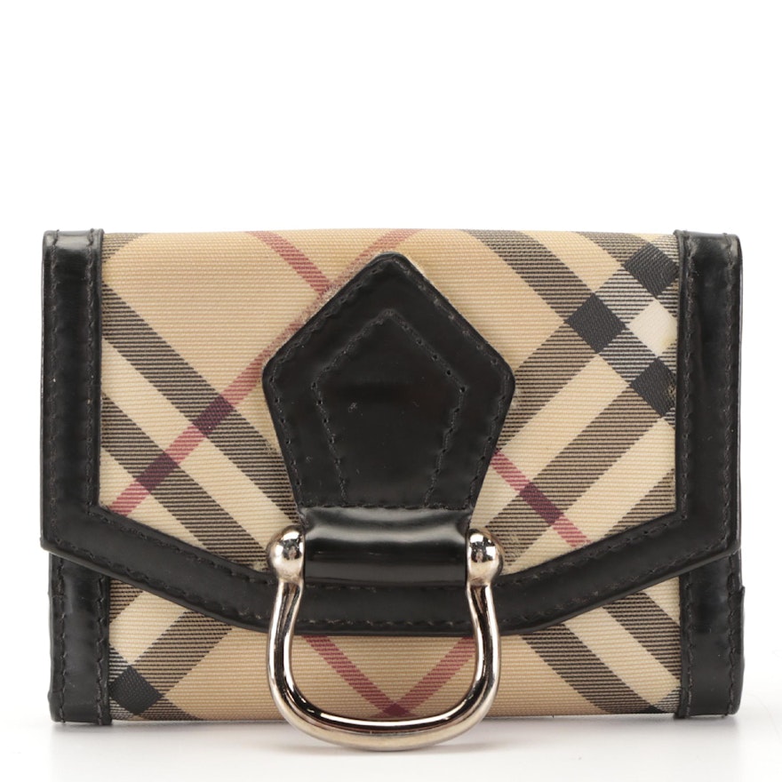 Burberry Compact Wallet in Coated Nova Check Plaid and Black Leather with Box