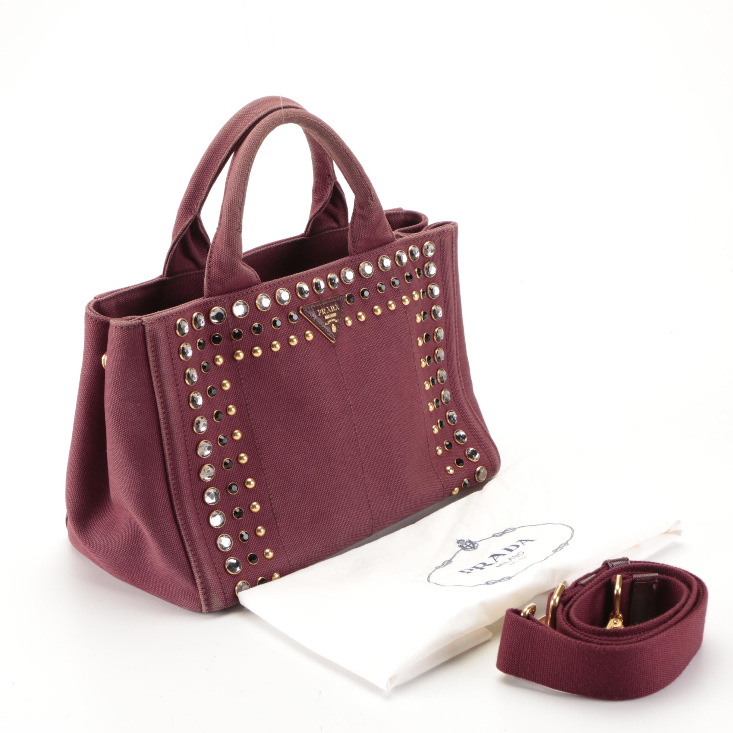 Prada Canapa Two-Way Tote in Embellished Amaranto Canvas