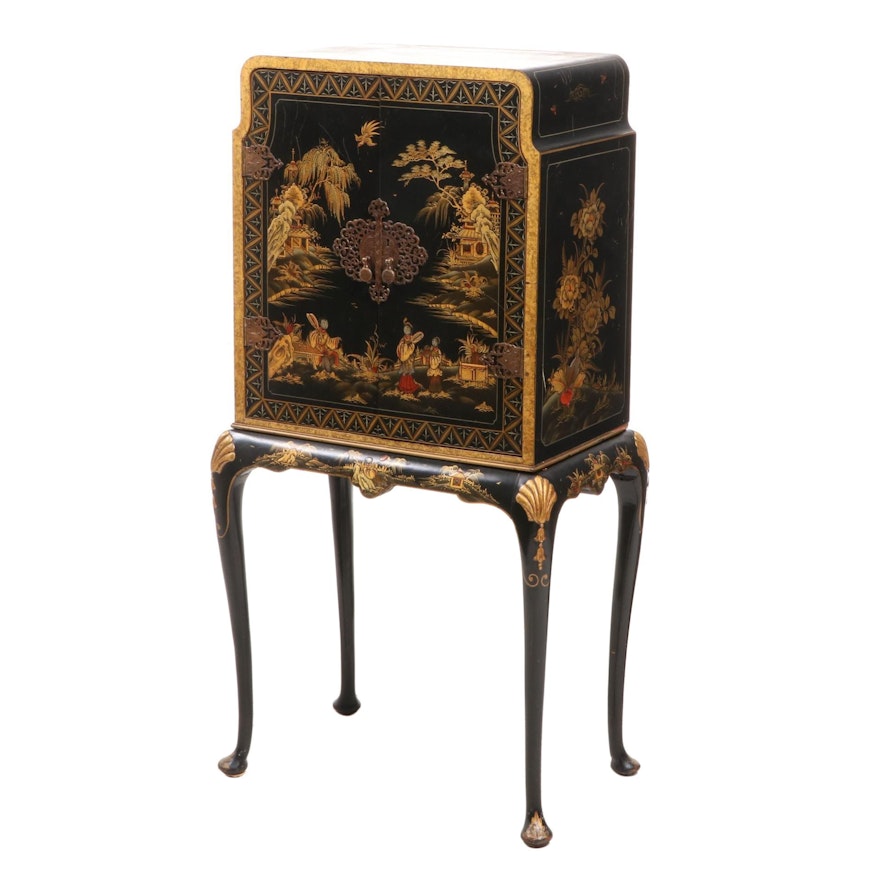 George II Style Black and Gilt Chinoiserie-Decorated Cocktail Cabinet-on-Stand
