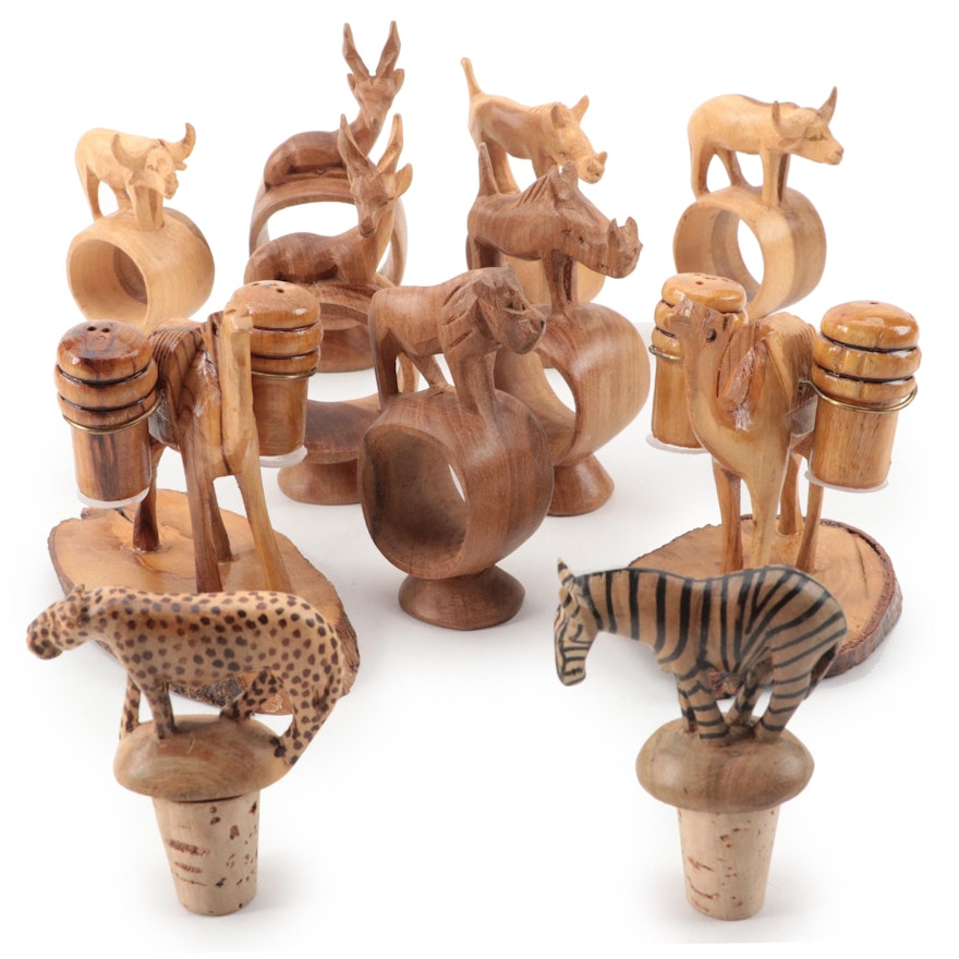 African Animal Form Carved Wood Napkin Holders, Shakers and Bottle Stoppers