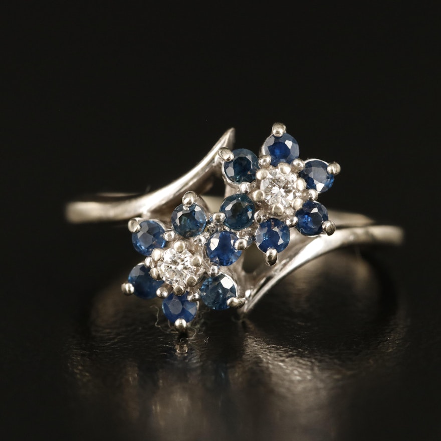 14K Diamond and Sapphire Flower Bypass Ring