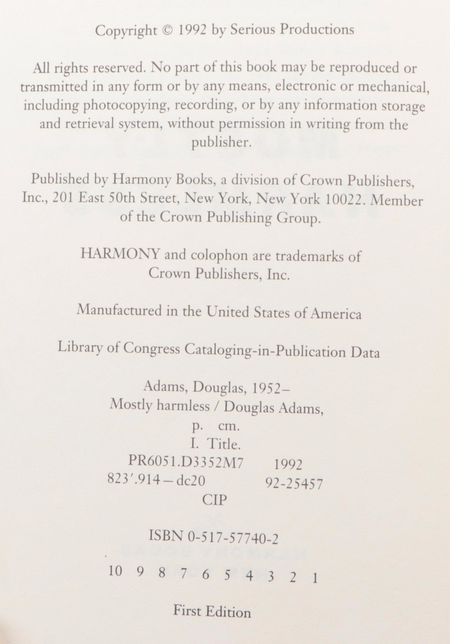 Signed First Edition "Mostly Harmless" by Douglas Adams, 1992