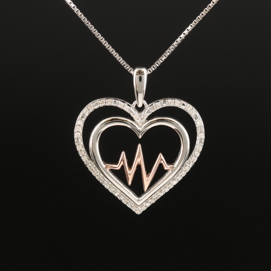 Sterling Diamond Heartbeat Pendant Necklace