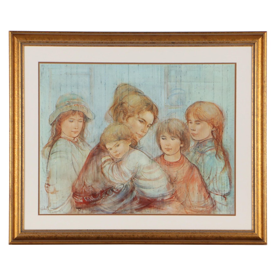 Offset Lithograph After Edna Hibel of a Mother and Children