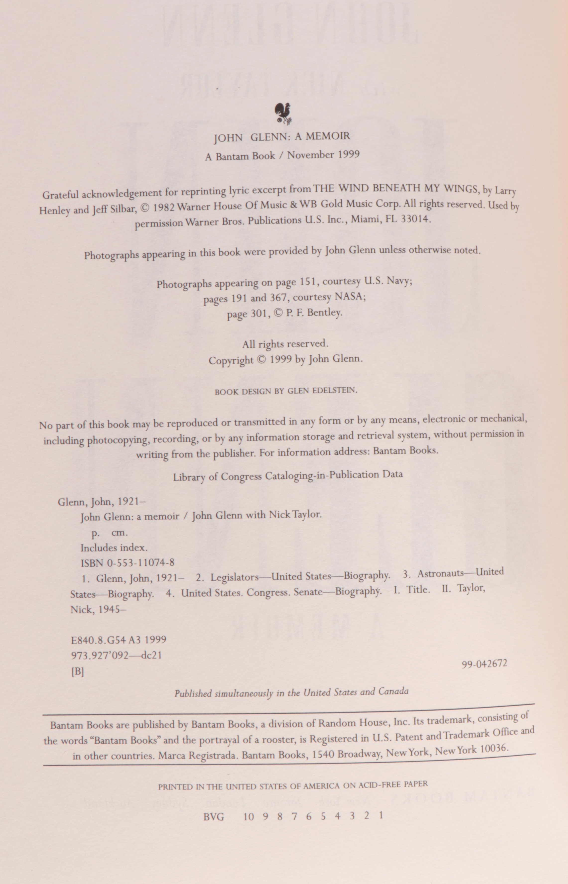 Multi-Signed First Edition "John Glenn: A Memoir" by John Glenn with Nick Taylor