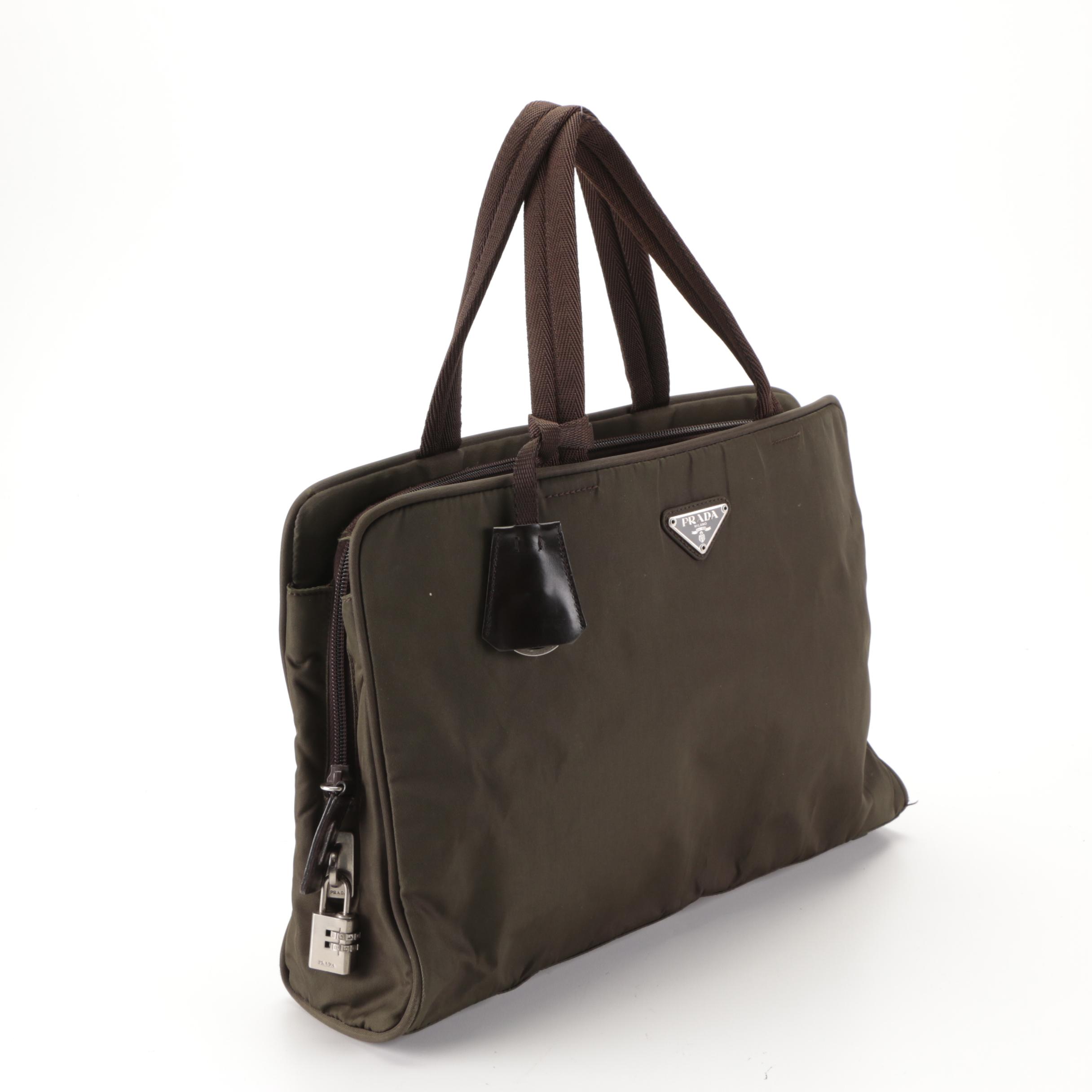 Prada Work Bag/Briefcase in Olive Green Nylon Gabardine with Leather Trim