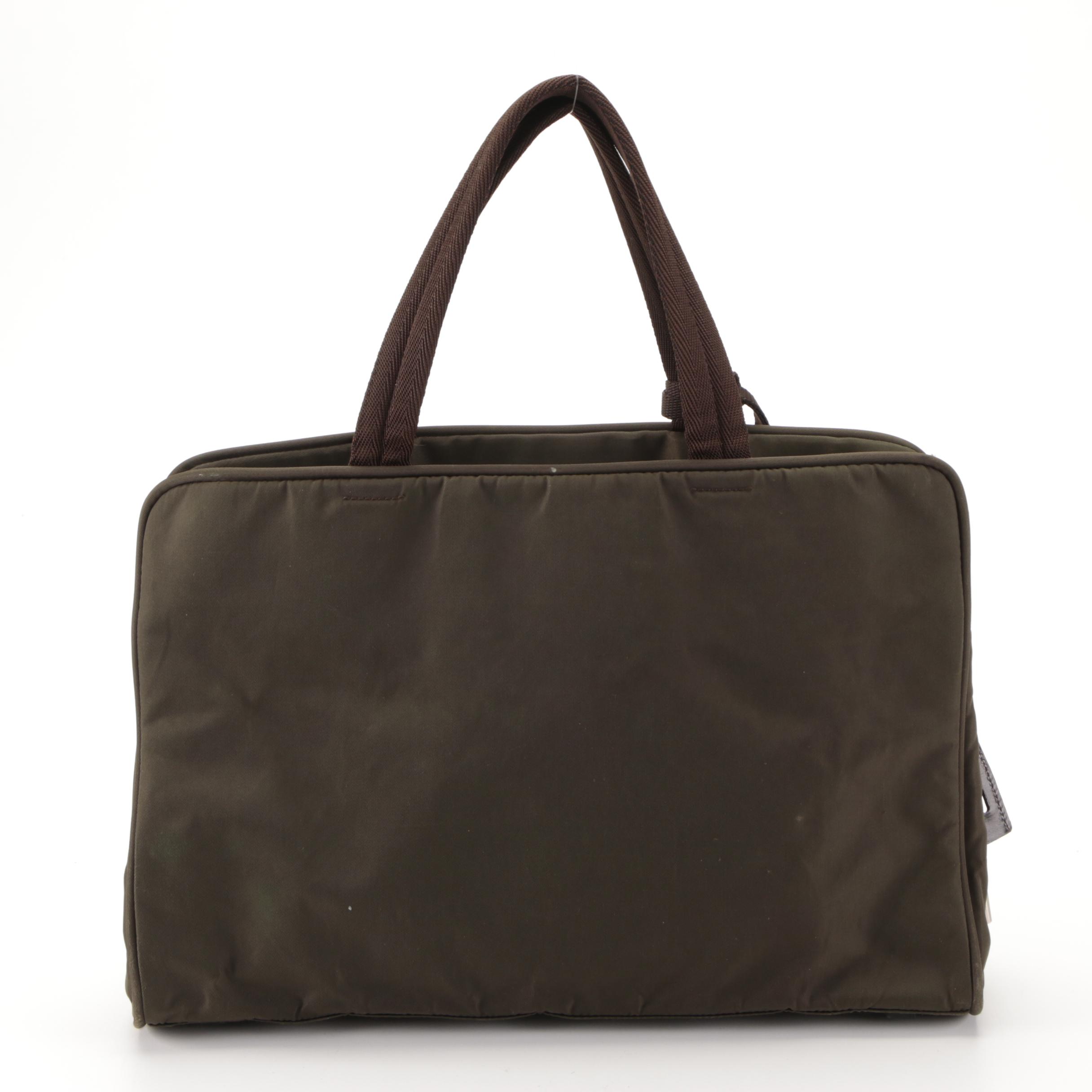 Prada Work Bag/Briefcase in Olive Green Nylon Gabardine with Leather Trim