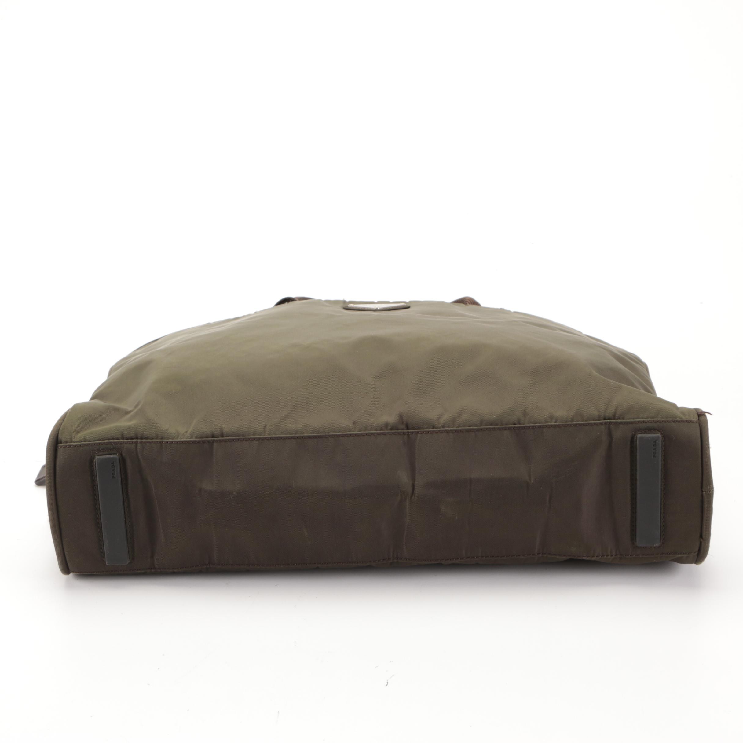 Prada Work Bag/Briefcase in Olive Green Nylon Gabardine with Leather Trim