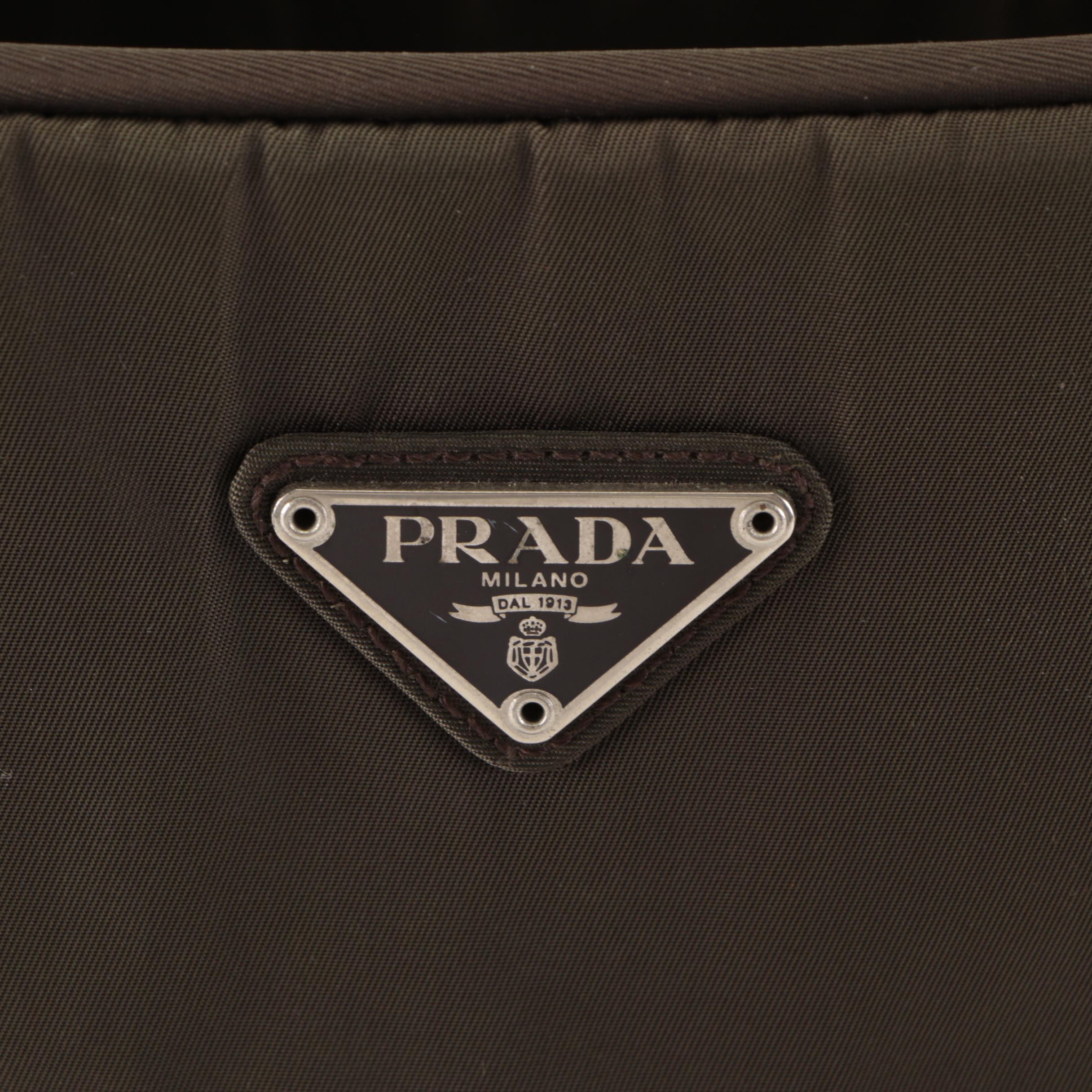 Prada Work Bag/Briefcase in Olive Green Nylon Gabardine with Leather Trim