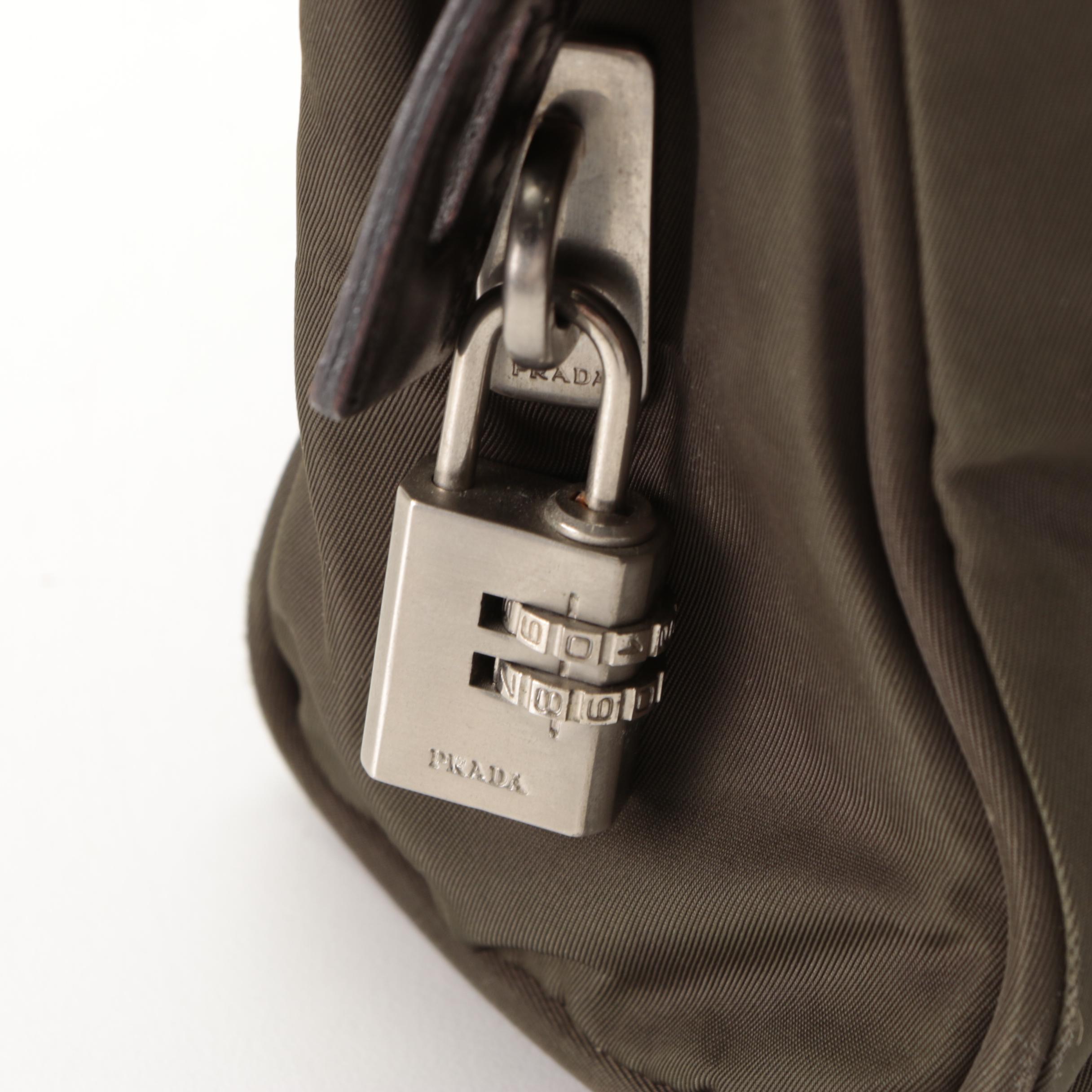 Prada Work Bag/Briefcase in Olive Green Nylon Gabardine with Leather Trim