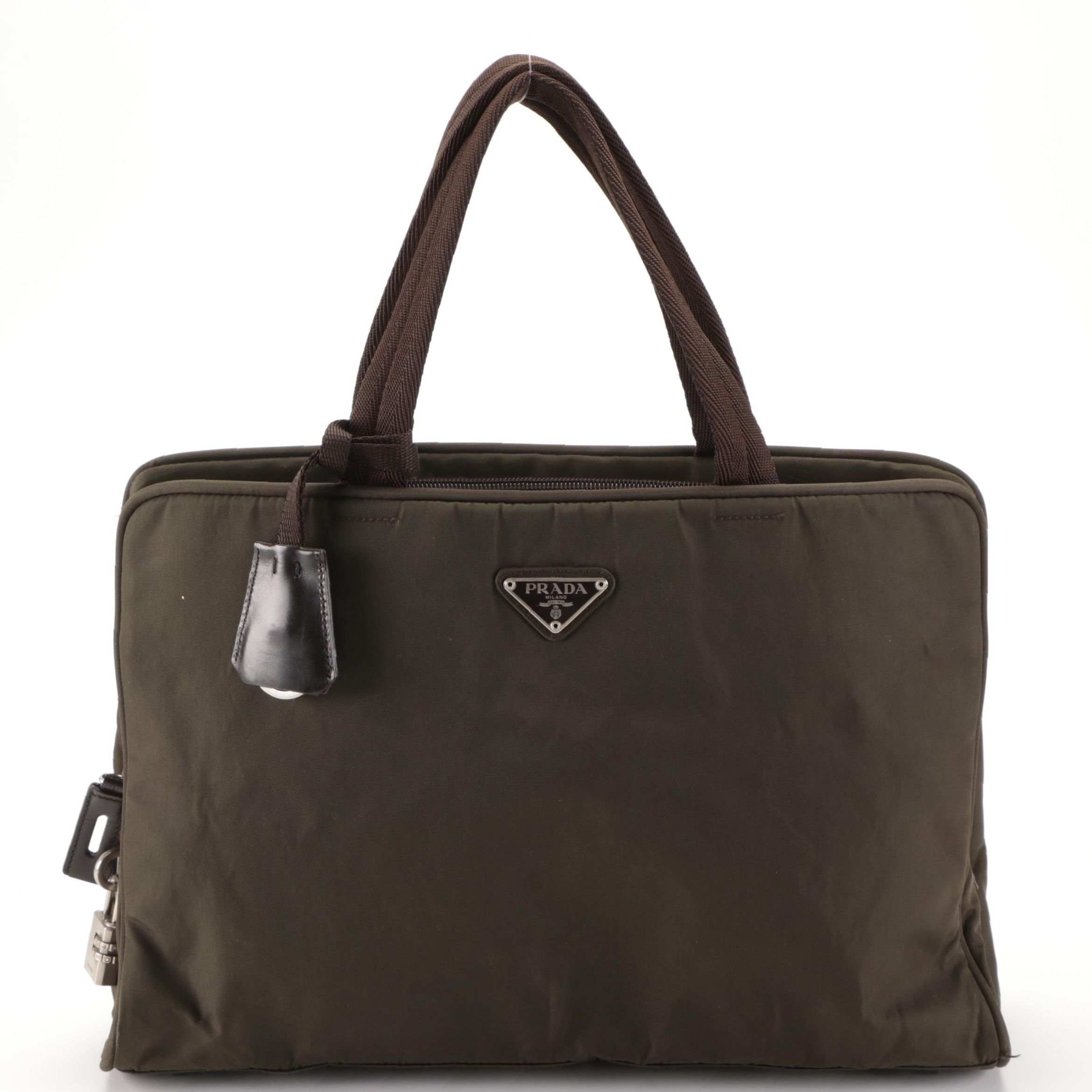 Prada Work Bag/Briefcase in Olive Green Nylon Gabardine with Leather Trim