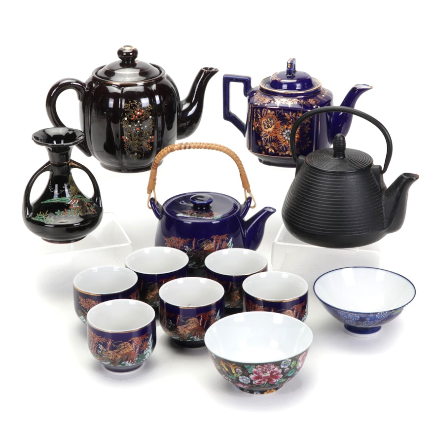 Cobalt Tiger Tea Set  with  Other Moriage Accented Teapots and Tableware