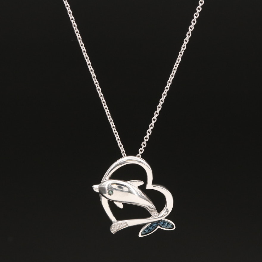 Sterling Diamond Jumping Dolphin Heart Pendant Necklace