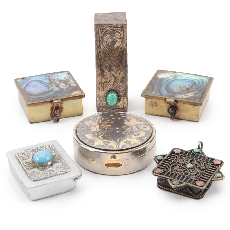 Mexican Abalone Inlaid Brass Pill Boxes with Other Box, Compact and More