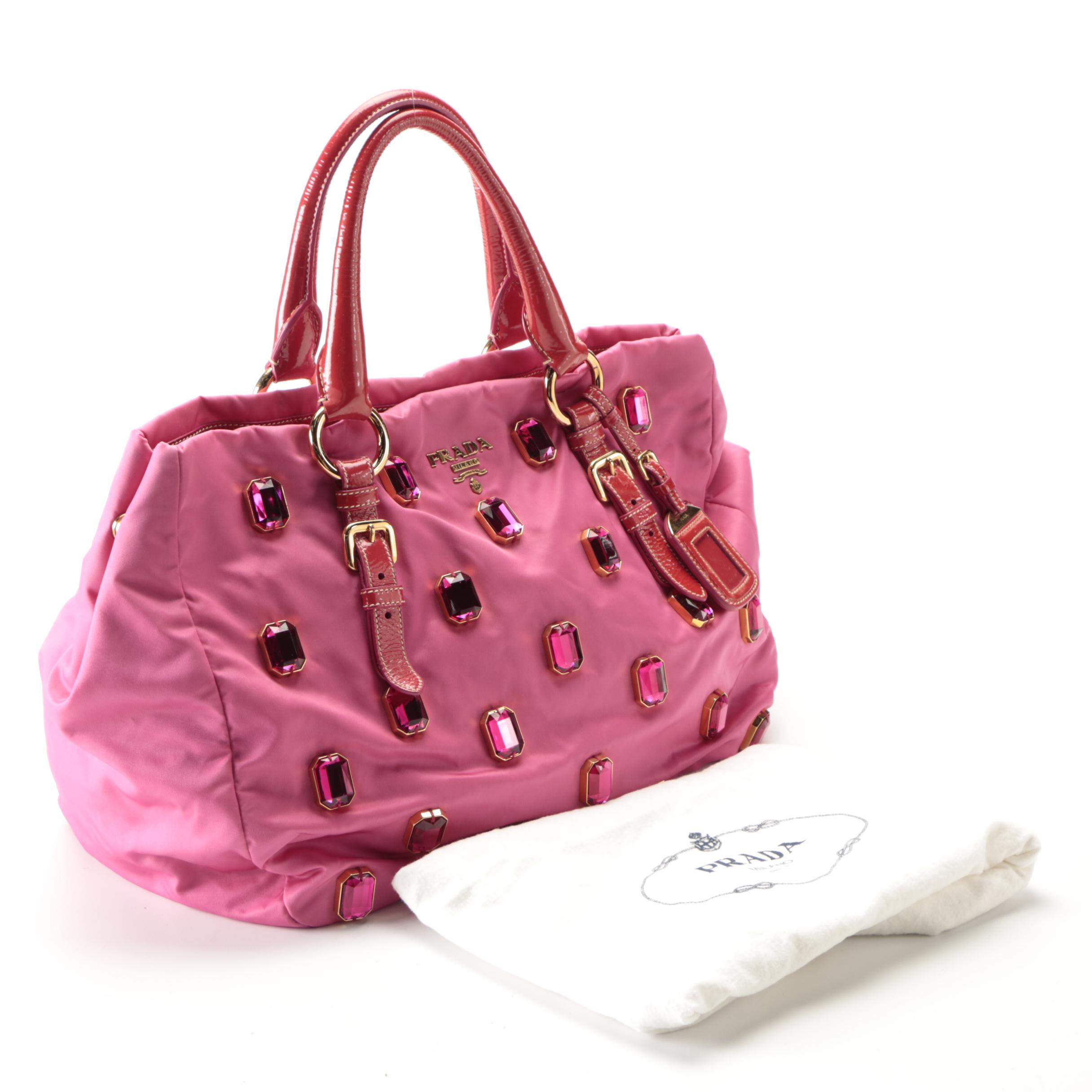 Prada Tote Bag in Embellished Fuchsia Tessuto Nylon and Red Patent Leather Trim