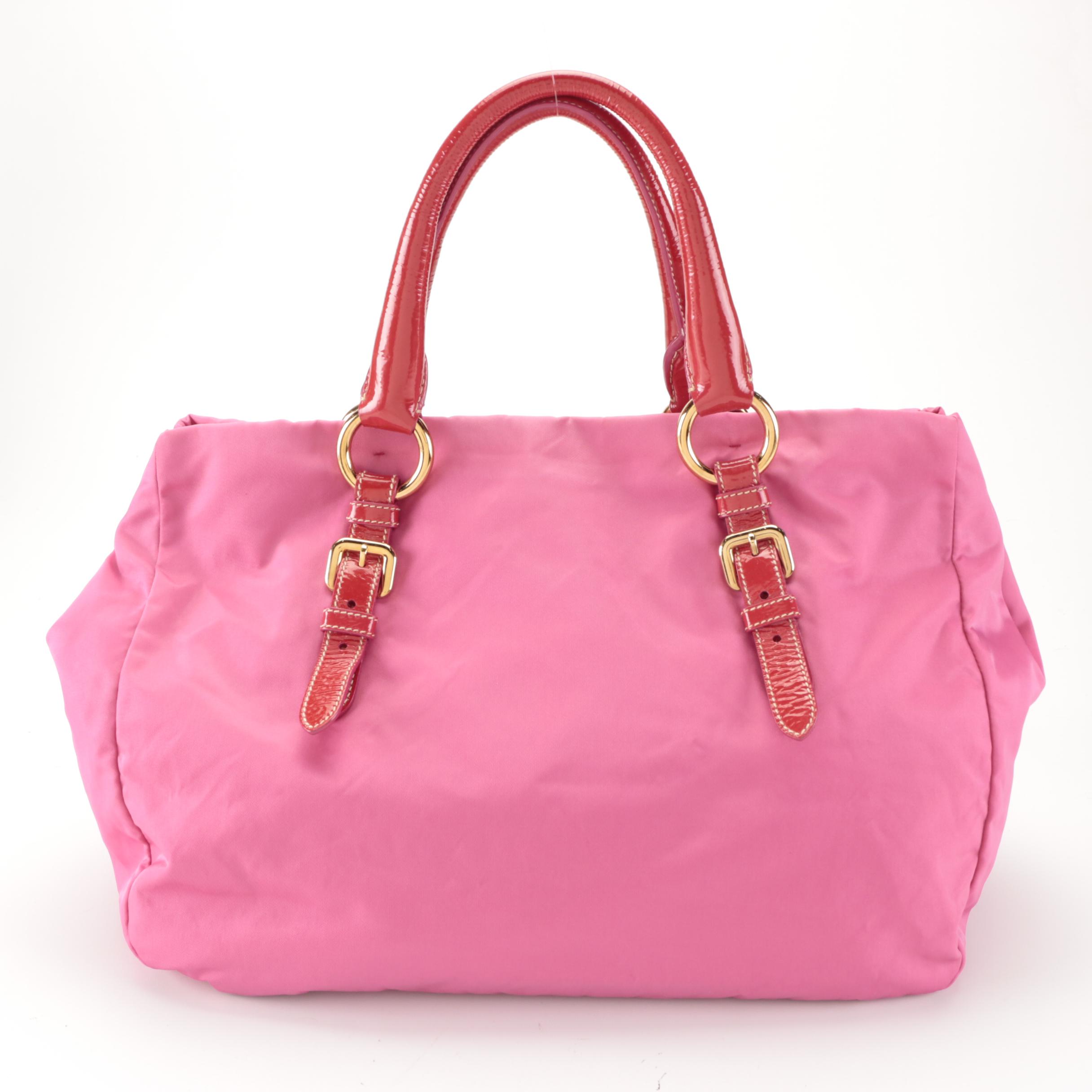 Prada Tote Bag in Embellished Fuchsia Tessuto Nylon and Red Patent Leather Trim