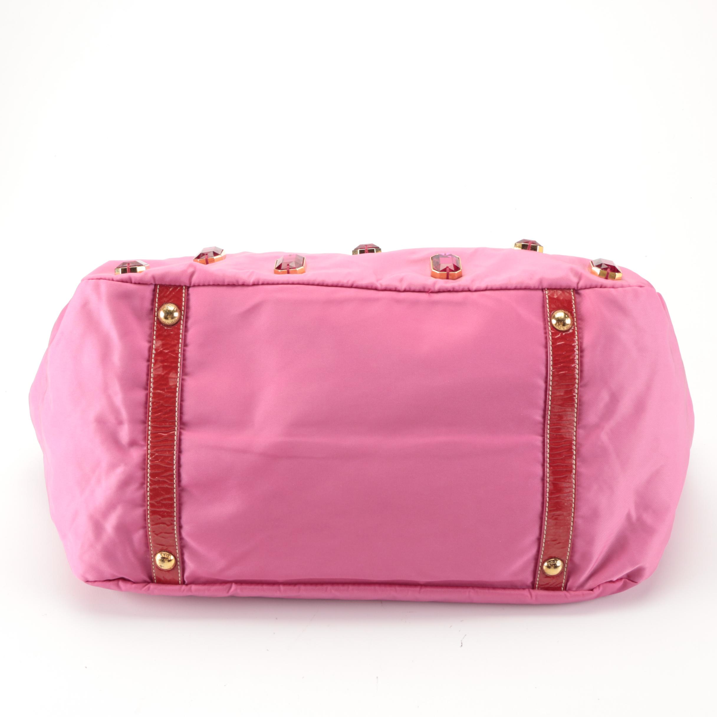 Prada Tote Bag in Embellished Fuchsia Tessuto Nylon and Red Patent Leather Trim