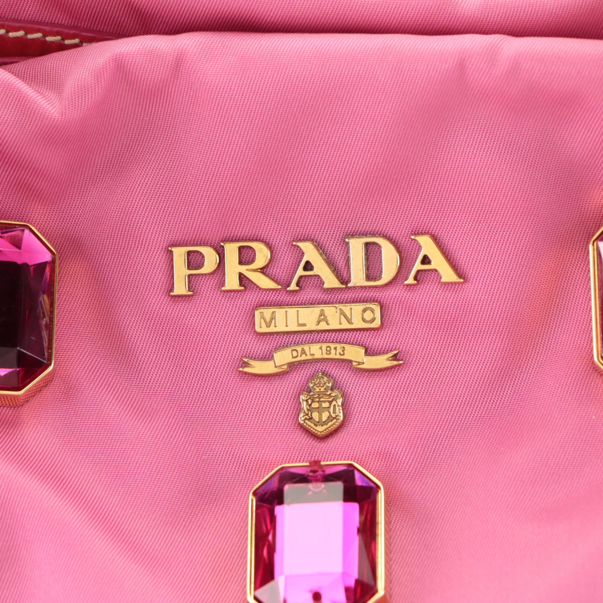 Prada Tote Bag in Embellished Fuchsia Tessuto Nylon and Red Patent Leather Trim