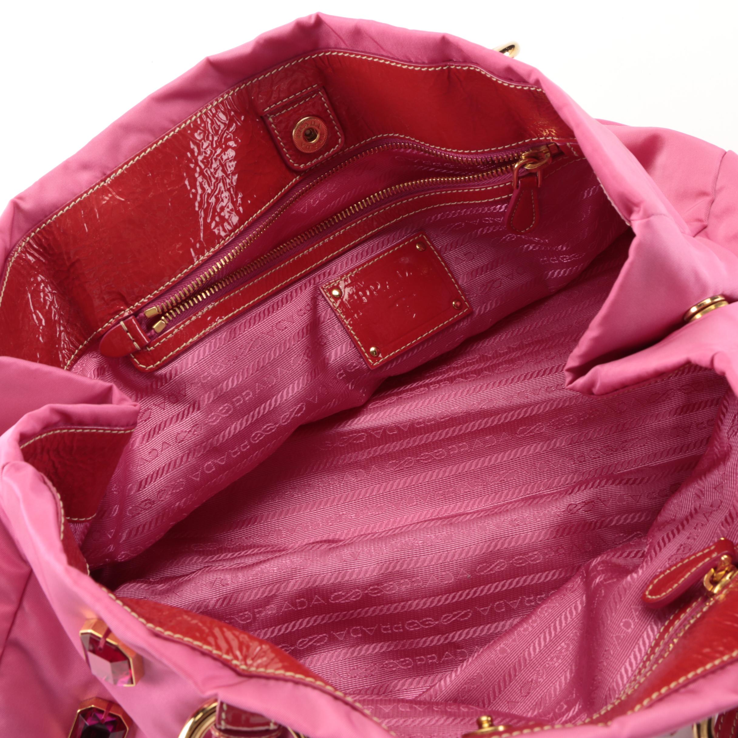 Prada Tote Bag in Embellished Fuchsia Tessuto Nylon and Red Patent Leather Trim