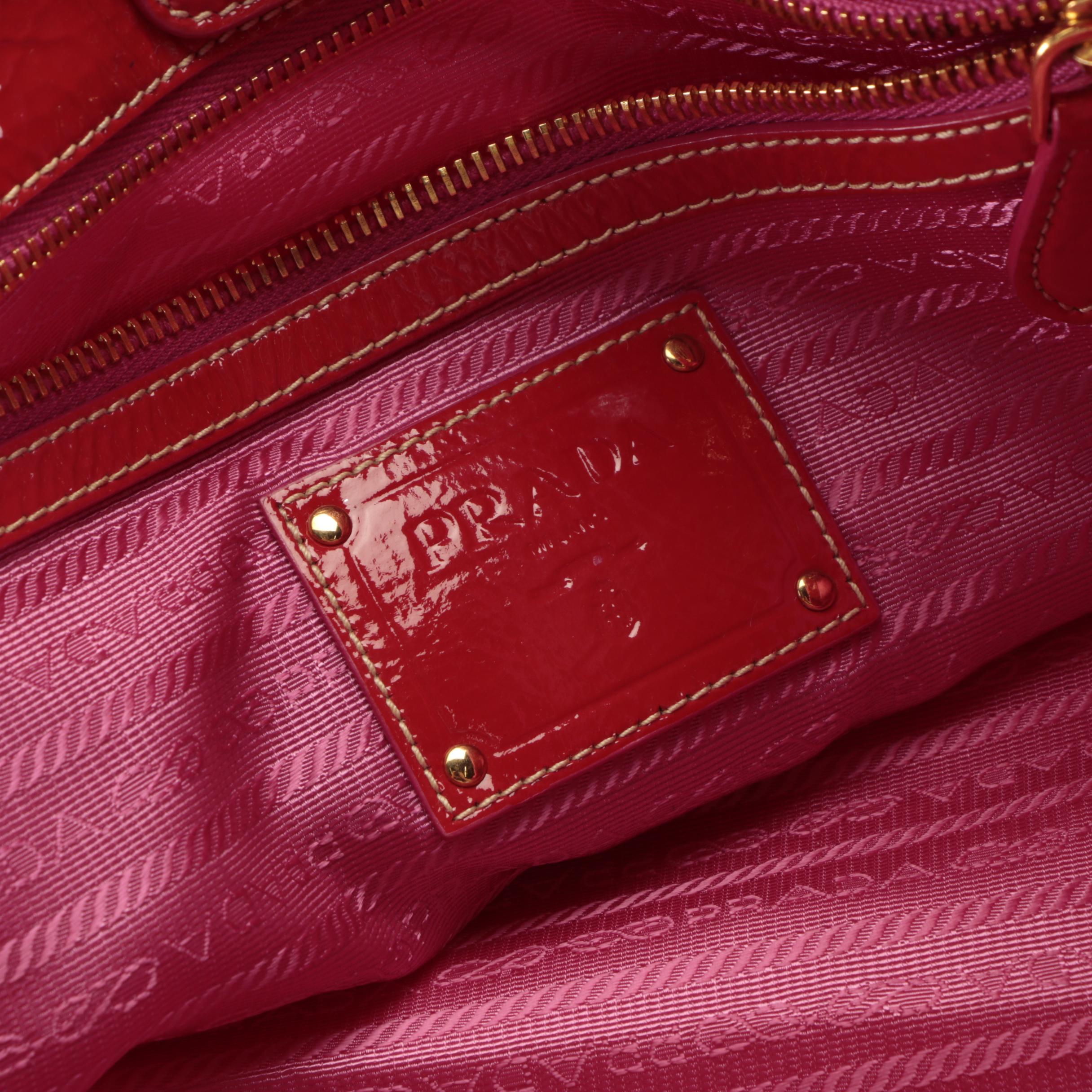 Prada Tote Bag in Embellished Fuchsia Tessuto Nylon and Red Patent Leather Trim