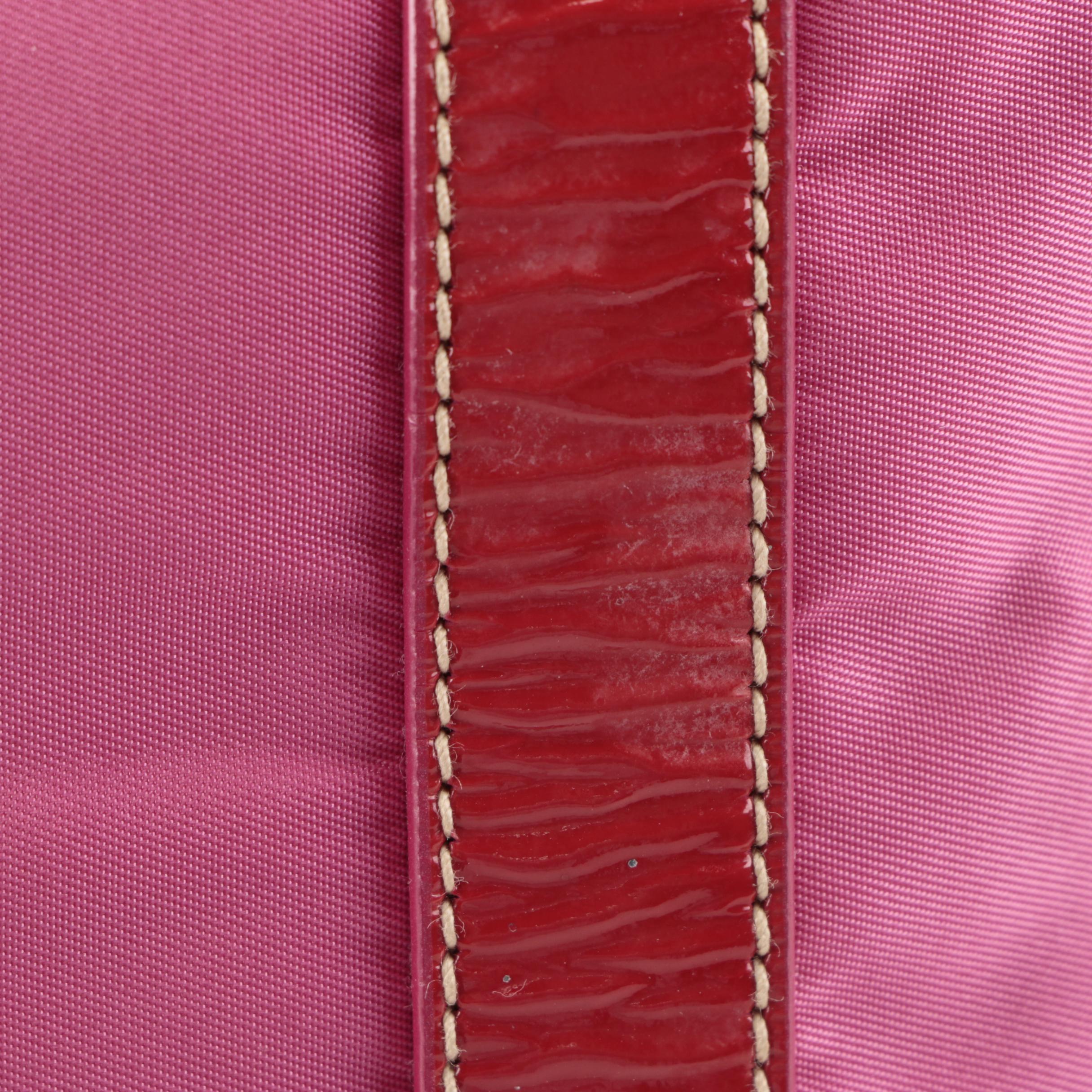 Prada Tote Bag in Embellished Fuchsia Tessuto Nylon and Red Patent Leather Trim