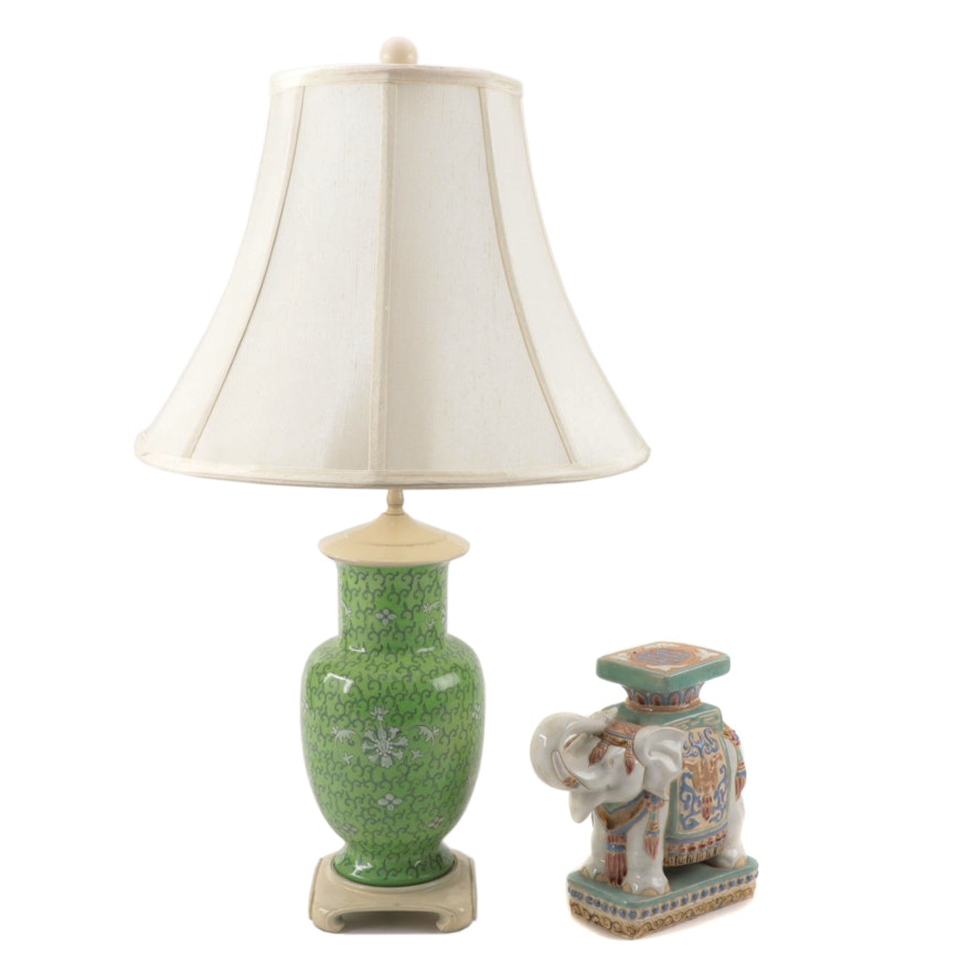 Chinese Green Porcelain Vase Table Lamp with Ceramic Elephant Plant Stand