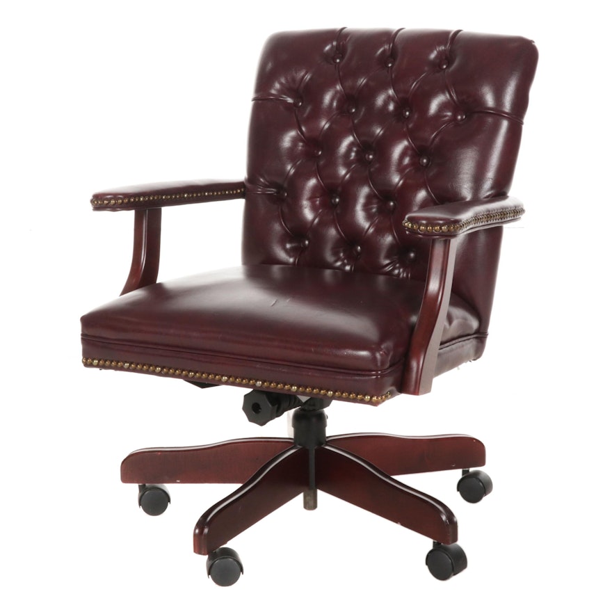 Global Furniture Button Tufted Leather Rolling Armchair, Late 20th Century