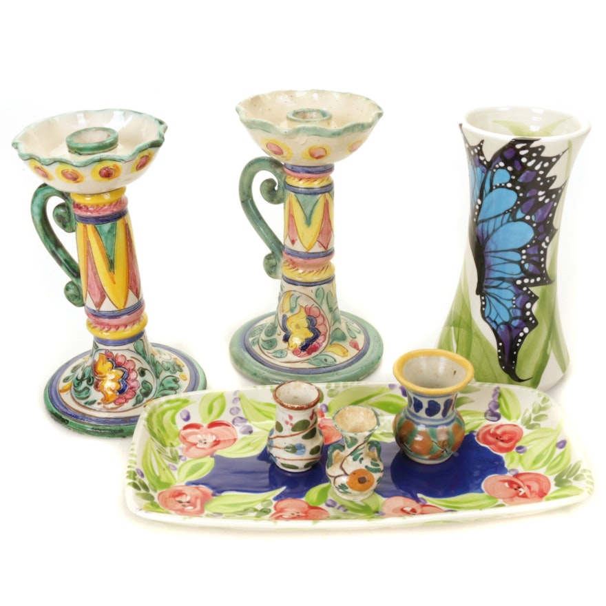 Paul's Italy Majolica Hand-Painted Ceramic Candlesticks, Miniature Urns, & More