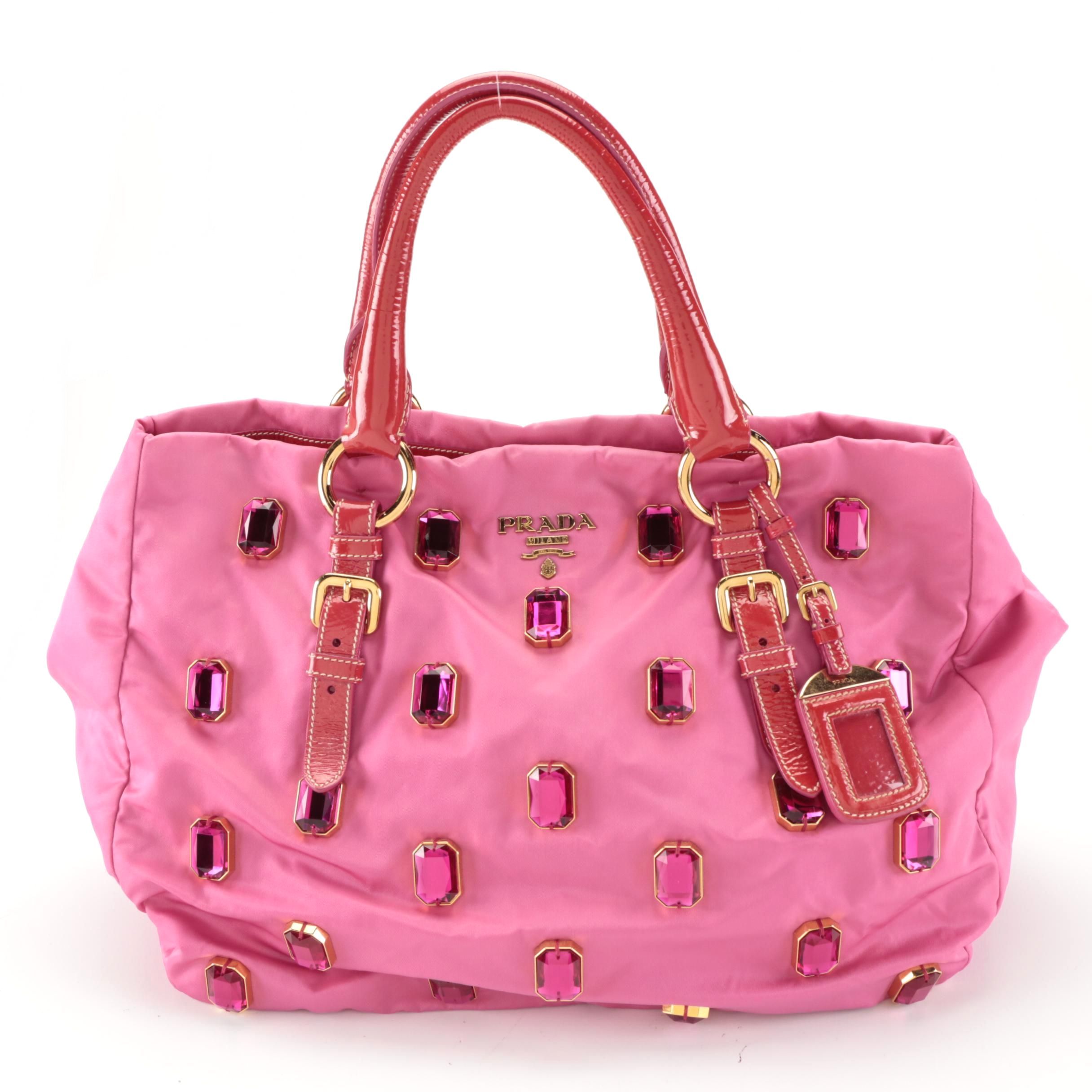 Prada Tote Bag in Embellished Fuchsia Tessuto Nylon and Red Patent Leather Trim