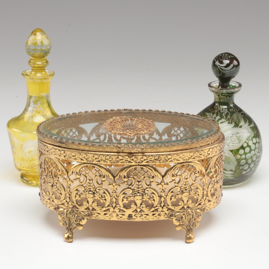 Gilt Metal and Glass Jewelry Casket with Etched Perfume Bottles