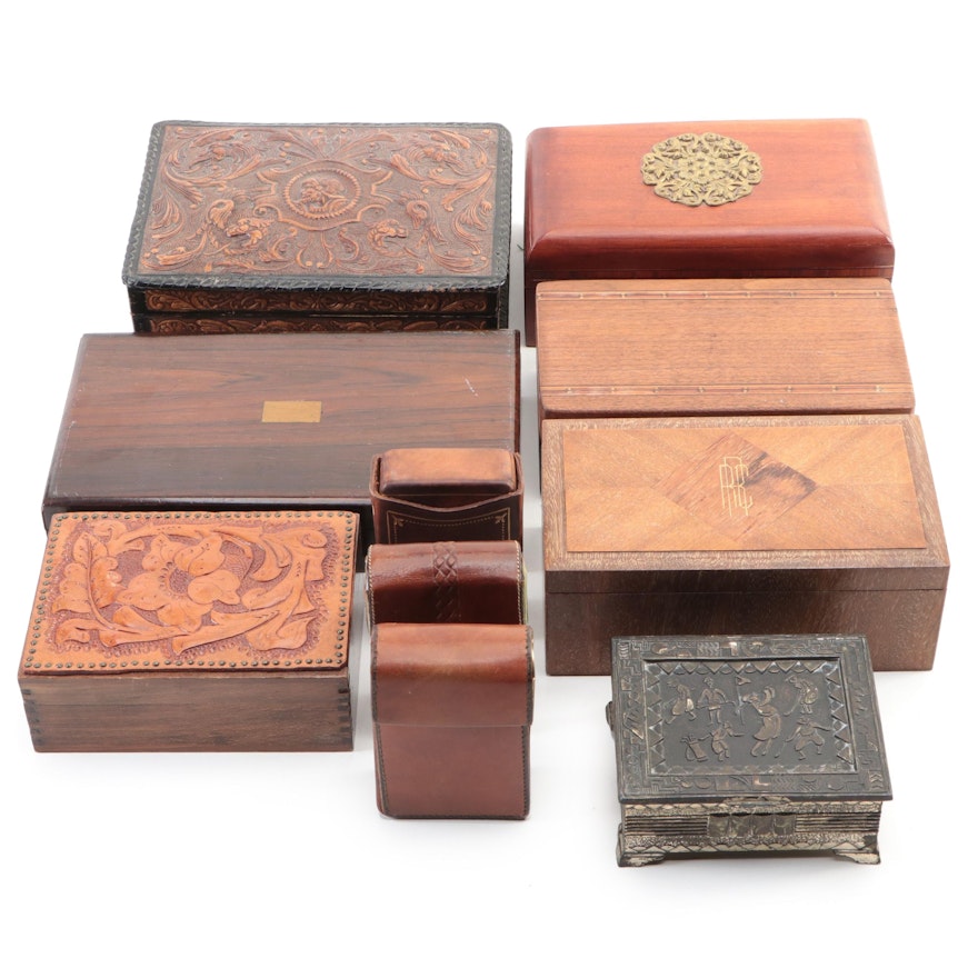 Leather, Specimen Wood Cigarette and Dresser Boxes, Early 20th C and Later