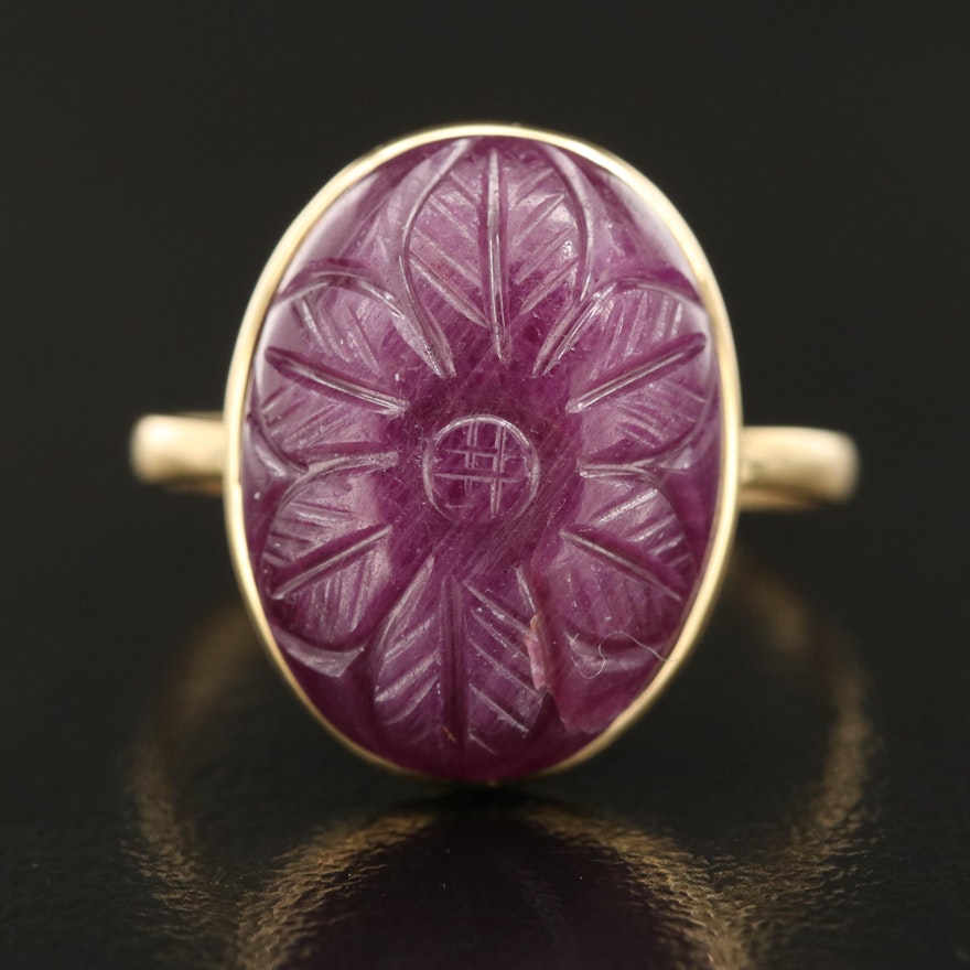 14K Carved Ruby Floral Ring