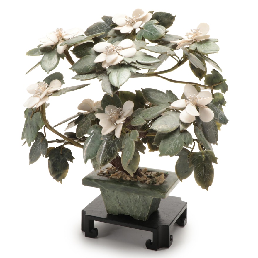 Chinese Carved Serpentine and White Marble Bonsai Tree