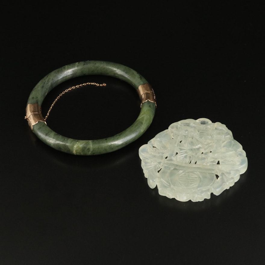 14K Nephrite Hinged Bangle with Serpentine Carved Disk