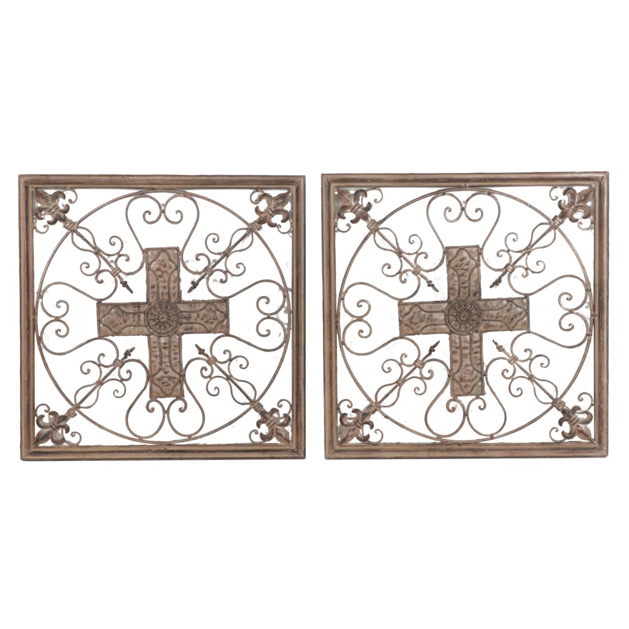 Pair of Victorian Style Metal Decorative Cross Metal Wall Hangings