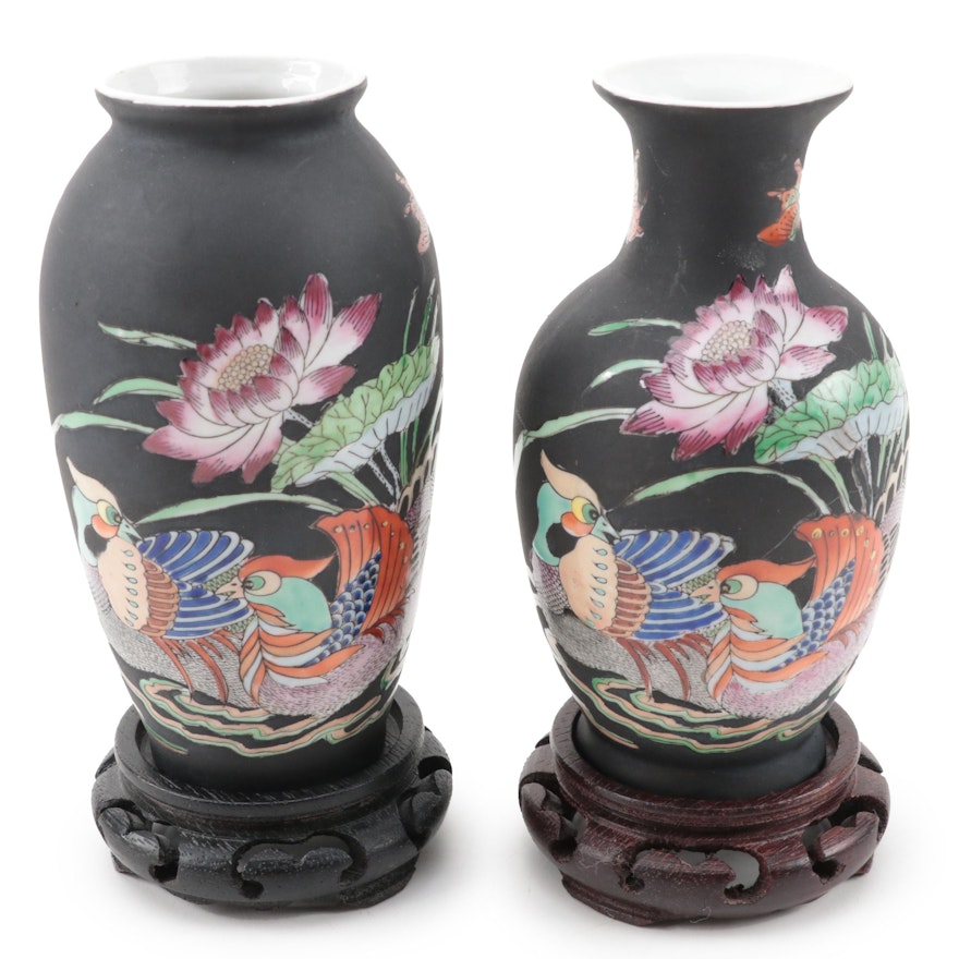 Chinese Famille Noir Porcelain Vases, Late 20th Century