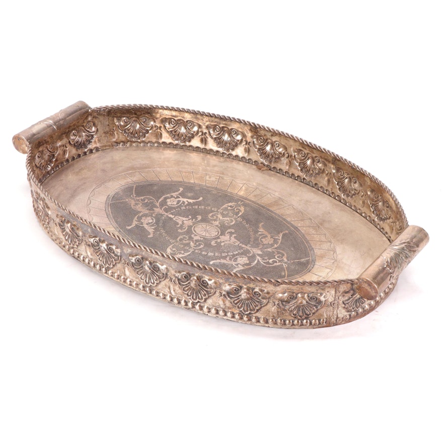 Castilian Imports Neoclassical Indian Silver-Plated Brass Oval Serving Tray
