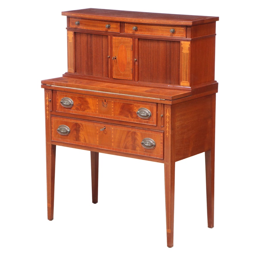 Federal Style Mahogany and Marquetry Tambour Desk, Mid-20th Century