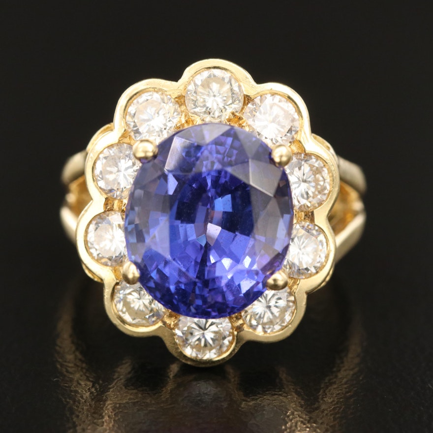 18K 8.20 CT Tanzanite and 2.00 CTW Diamond Halo Ring