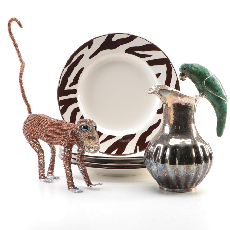 Ballard Designs "Zebra Brown" Plates, Mexican Silver Plate Pitcher and More