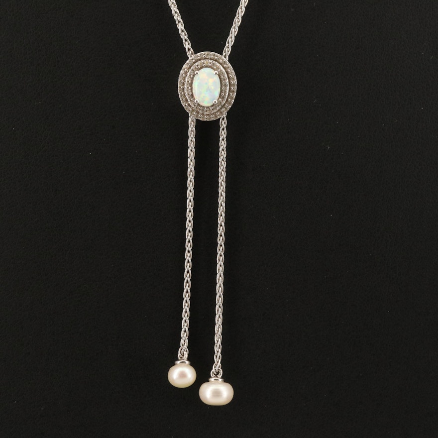 Sterling Opal, Sapphire and Pearl Slide Pendant Necklace