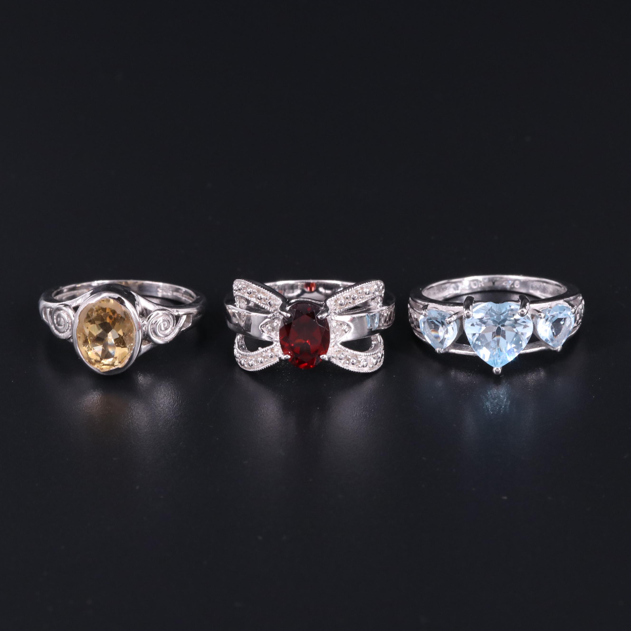 Gemstone Ring Trio Including Sterling, Garnet and Diamond