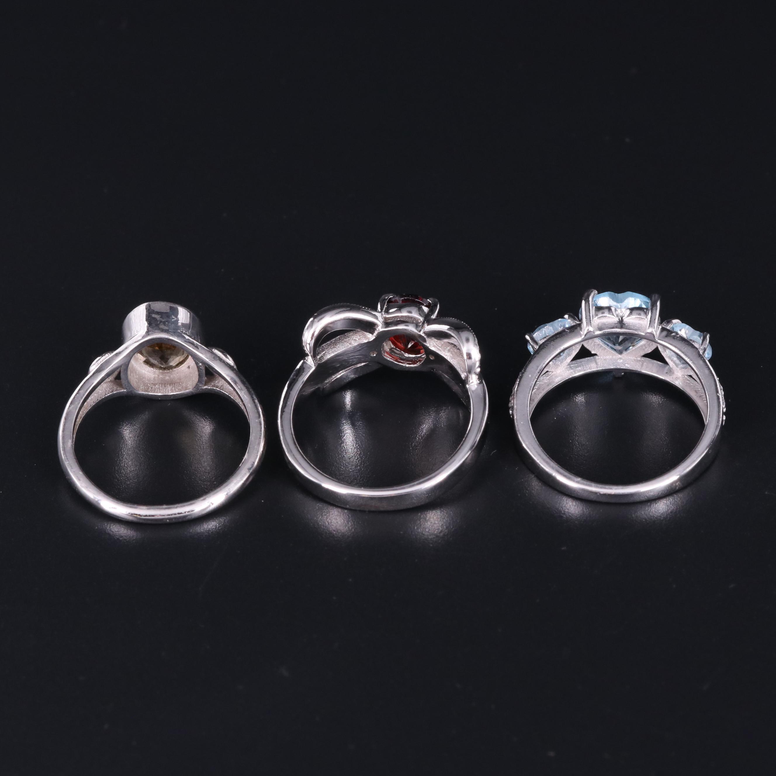 Gemstone Ring Trio Including Sterling, Garnet and Diamond