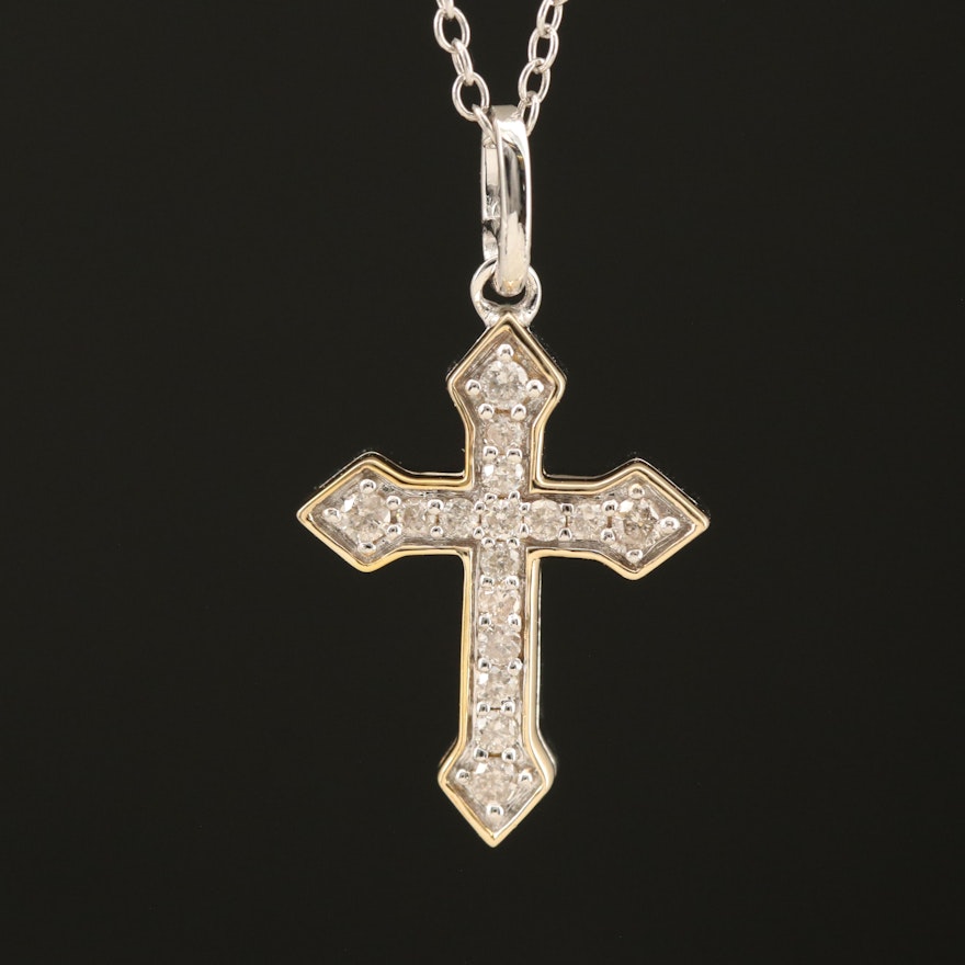 Sterling Diamond Cross Pendant Necklace with 14K Accent